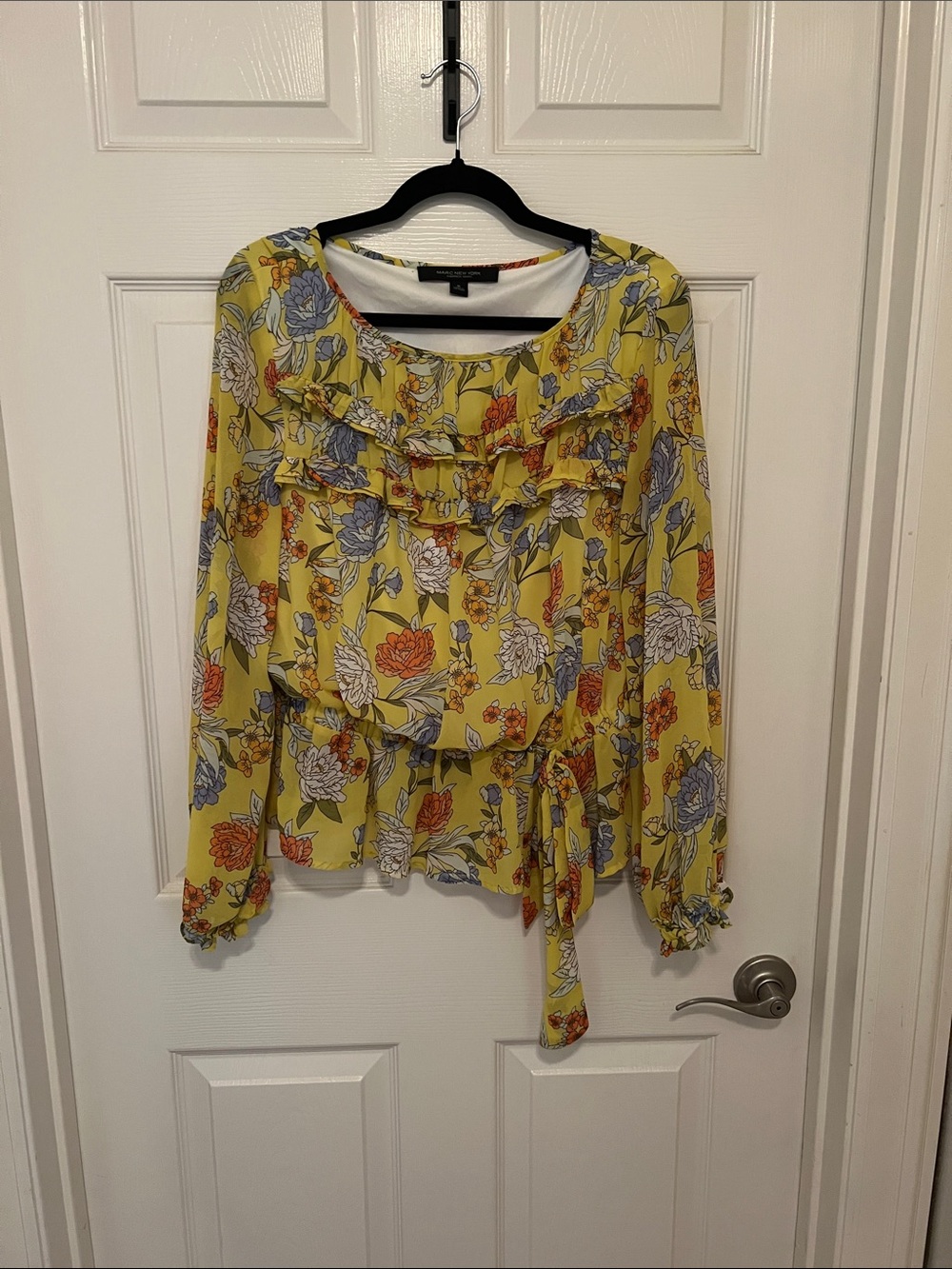 Marc New York Andre Marc Yellow Floral Ruffle Tie-Waist Blouse